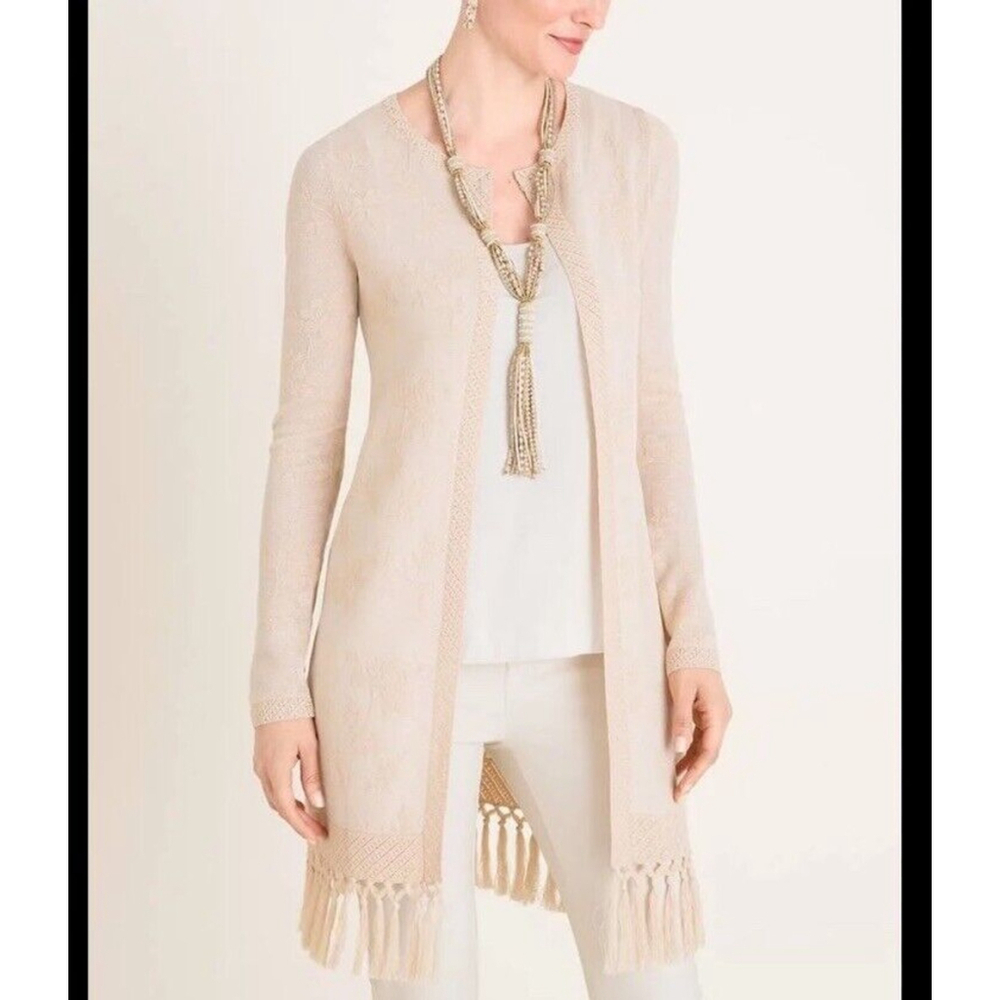 Chico's Barely Blush Tassel Jacquard Open Cardigan Sweater Shimmery Sz 3/XL